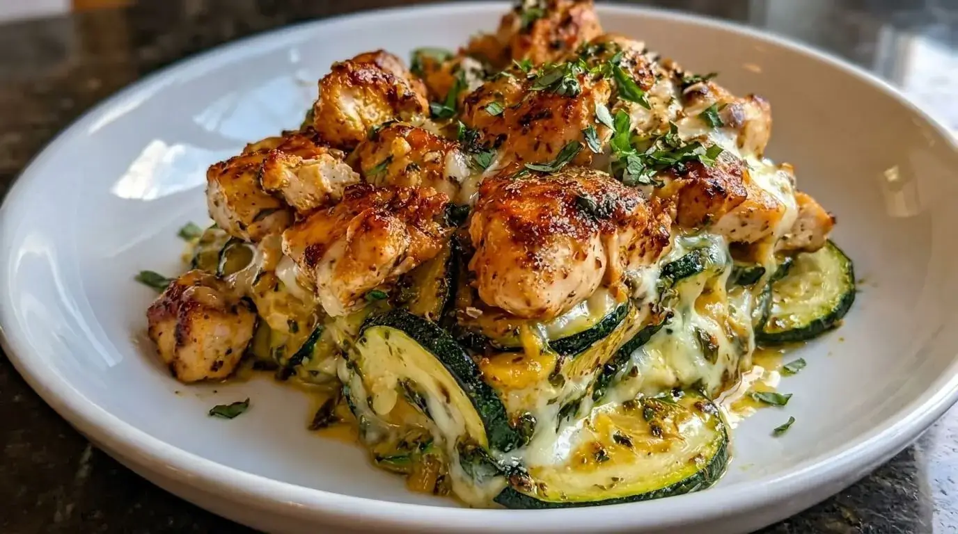 Cheesy garlic butter chicken cubes layered over zucchini rounds topped with melted mozzarella cheese and fresh herbs in a white bowl.