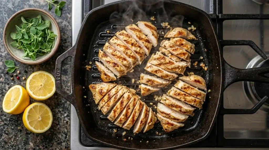 Searing marinated lemon garlic oregano chicken breast strips in a hot grill pan