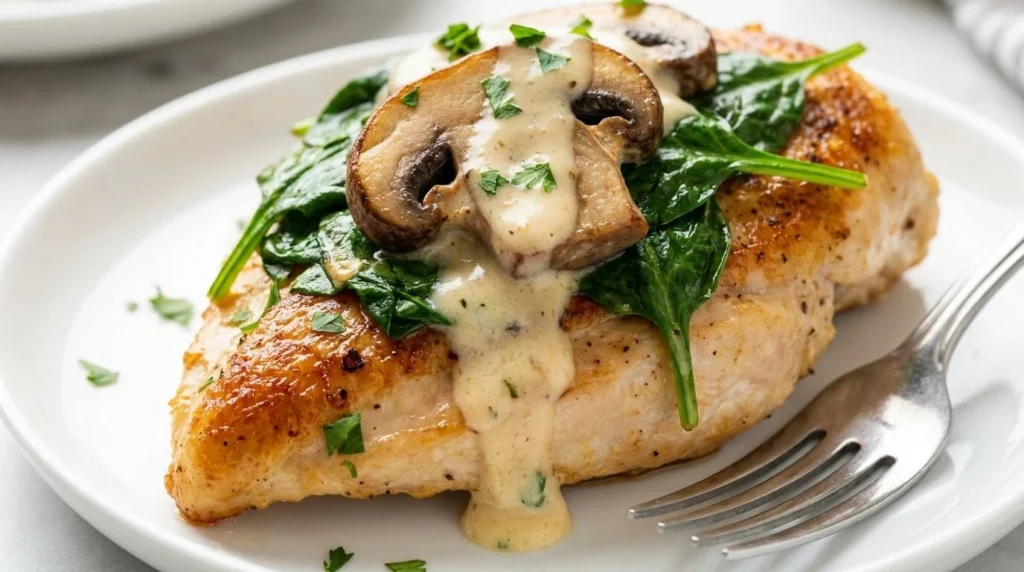 Close-up slice of seared chicken breast with creamy spinach mushroom parmesan sauce.