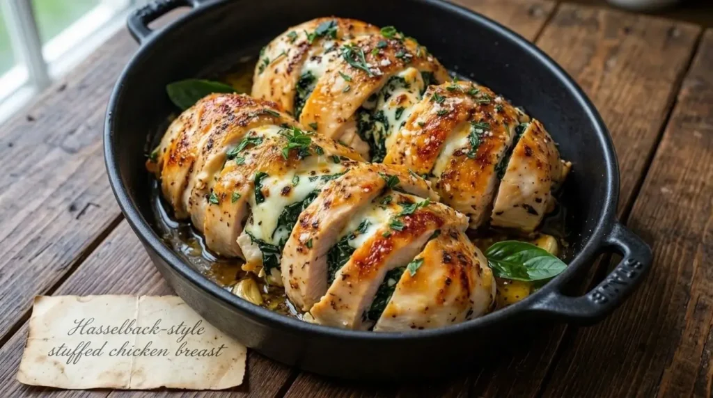 Hasselback-style stuffed chicken breast recipe baked with spinach mozzarella garlic and olive oil in a cast iron skillet