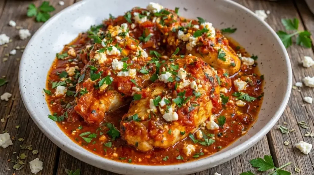 Greek Chicken Saganaki with feta and tomato sauce in a rustic bowl