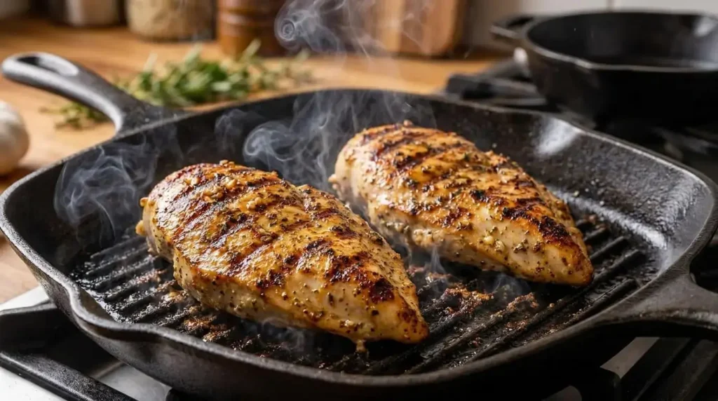 Seasoned chicken breasts cooking on a hot grill pan with dark grill marks.