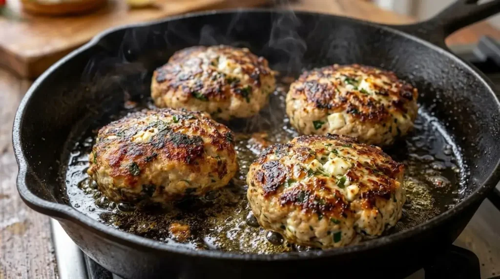 Sizzling ground chicken burger patties infused with feta cheese and herbs cooking in a cast-iron skillet.