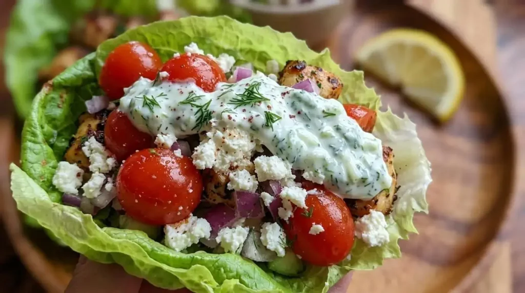 Close-up of a assembled Greek chicken lettuce wrap loaded with charred chicken, feta, diced tomatoes, and tzatziki sauce.