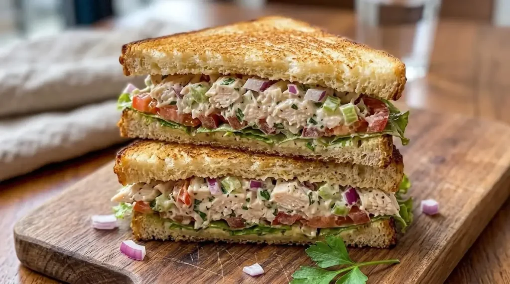 Crispy Mediterranean toasted chicken salad sandwich layered with Greek yogurt chicken salad, sliced tomatoes, and green lettuce on golden sourdough bread.
