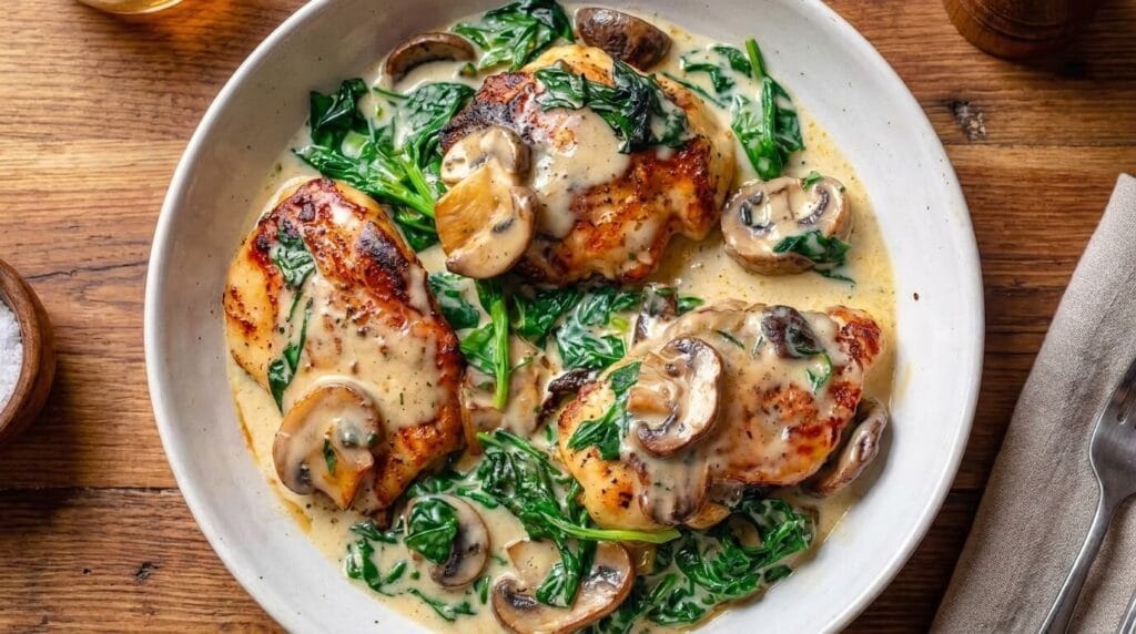 Chicken with spinach and mushrooms in creamy parmesan sauce served in a white shallow bowl.