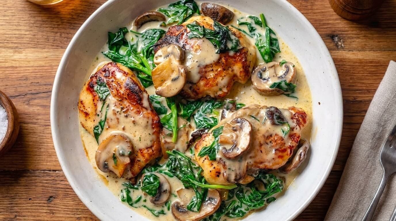 Chicken with spinach and mushrooms in creamy parmesan sauce served in a white shallow bowl.