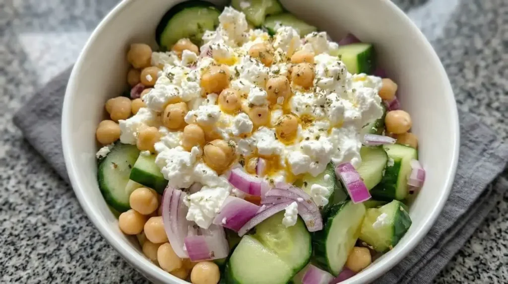 Chickpea and Cucumber Salad with Crumbled Feta in a white bowl showing thick cut cucumbers, whole chickpeas, red onion, and crumbled feta cheese with oregano.