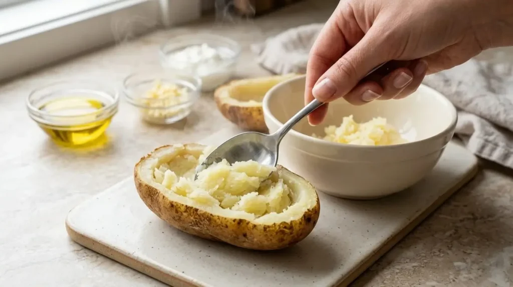 Scooping out fluffy baked potato flesh to create sturdy skins for Mediterranean loaded baked potatoes.