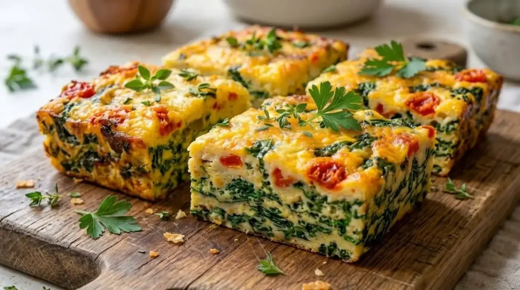 Freshly baked high protein cottage cheese and spinach egg bake cut into square slices on a wooden cutting board with fresh herbs.