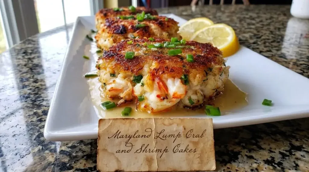 Pan-seared Maryland lump crab and shrimp cakes garnished with green chives and lemon wedges on a white platter.