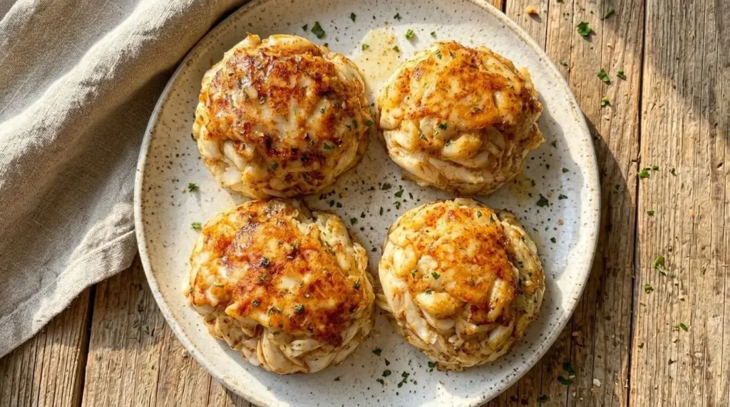 Four thick baked Maryland garlic butter crab cakes made with jumbo lump crab meat on a speckled ceramic plate.