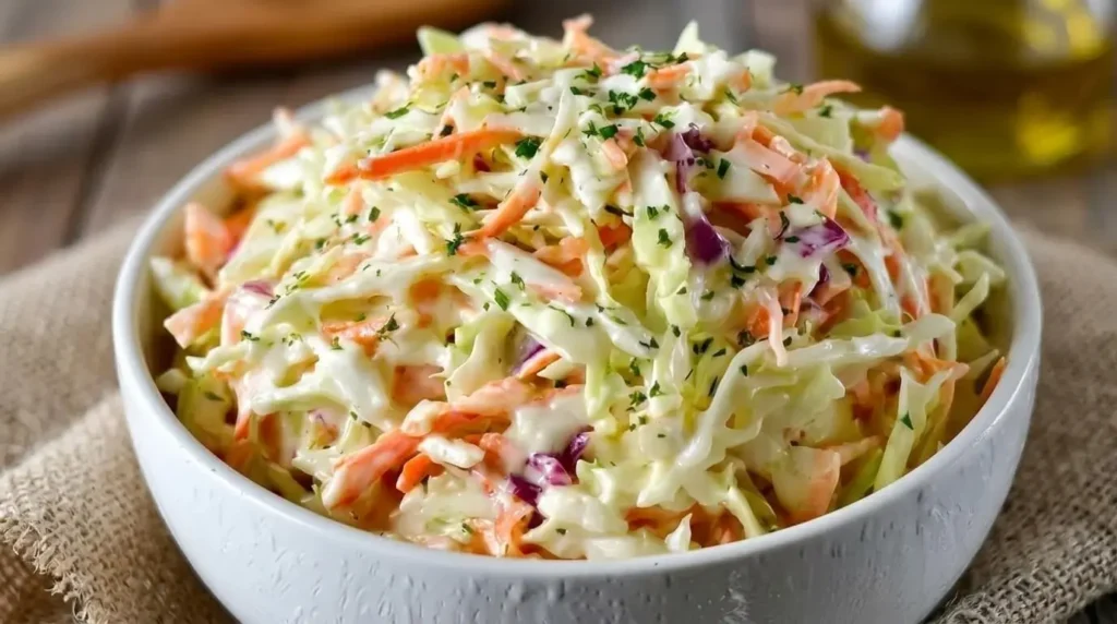 Fresh Mediterranean creamy coleslaw in a white bowl shredded green cabbage red cabbage carrots yogurt dressing.