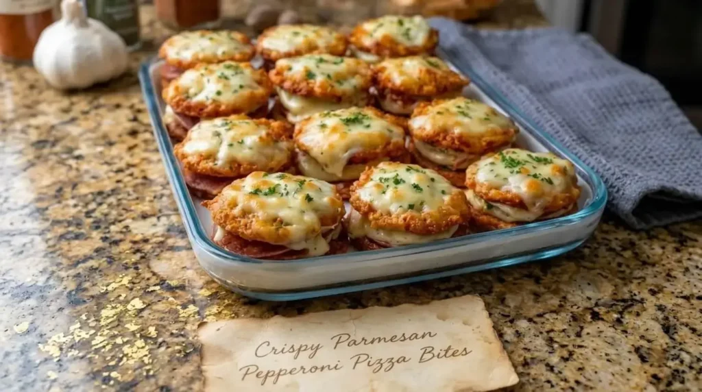 Double-decker crispy parmesan pepperoni pizza bites topped with bubbly melted mozzarella and fresh parsley in a glass baking dish.