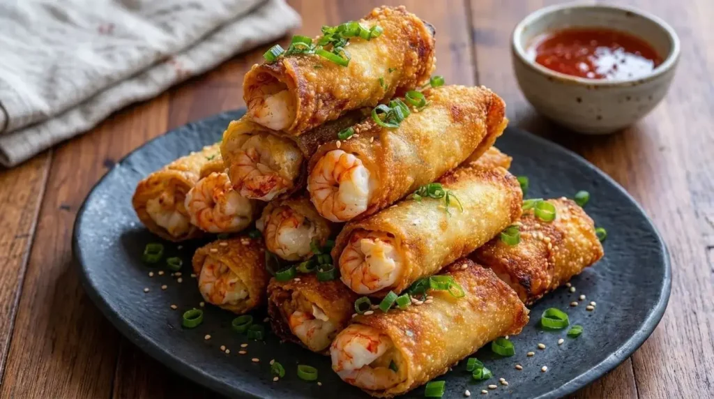 Golden brown crispy Mediterranean shrimp spring rolls stacked on a slate dish garnished with green onions and sesame seeds.