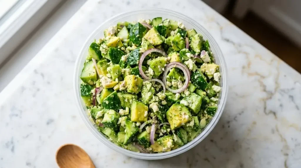 Top-down view of Cucumber Avocado Salad with Feta in a clear container showing diced cucumbers, creamy avocado, red onion rings, and fresh dill.