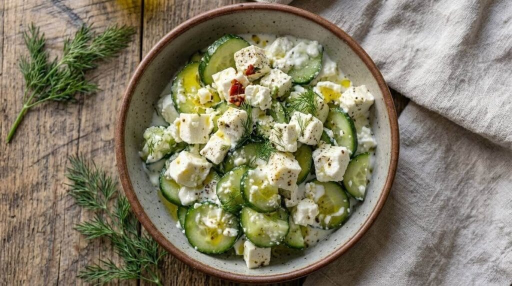 Mediterranean cucumber yogurt feta salad in a rustic ceramic bowl topped with fresh dill and black pepper.