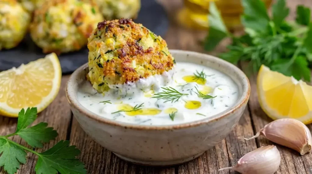 Dipping a crispy baked parmesan zucchini garlic bite into Greek tzatziki dip.