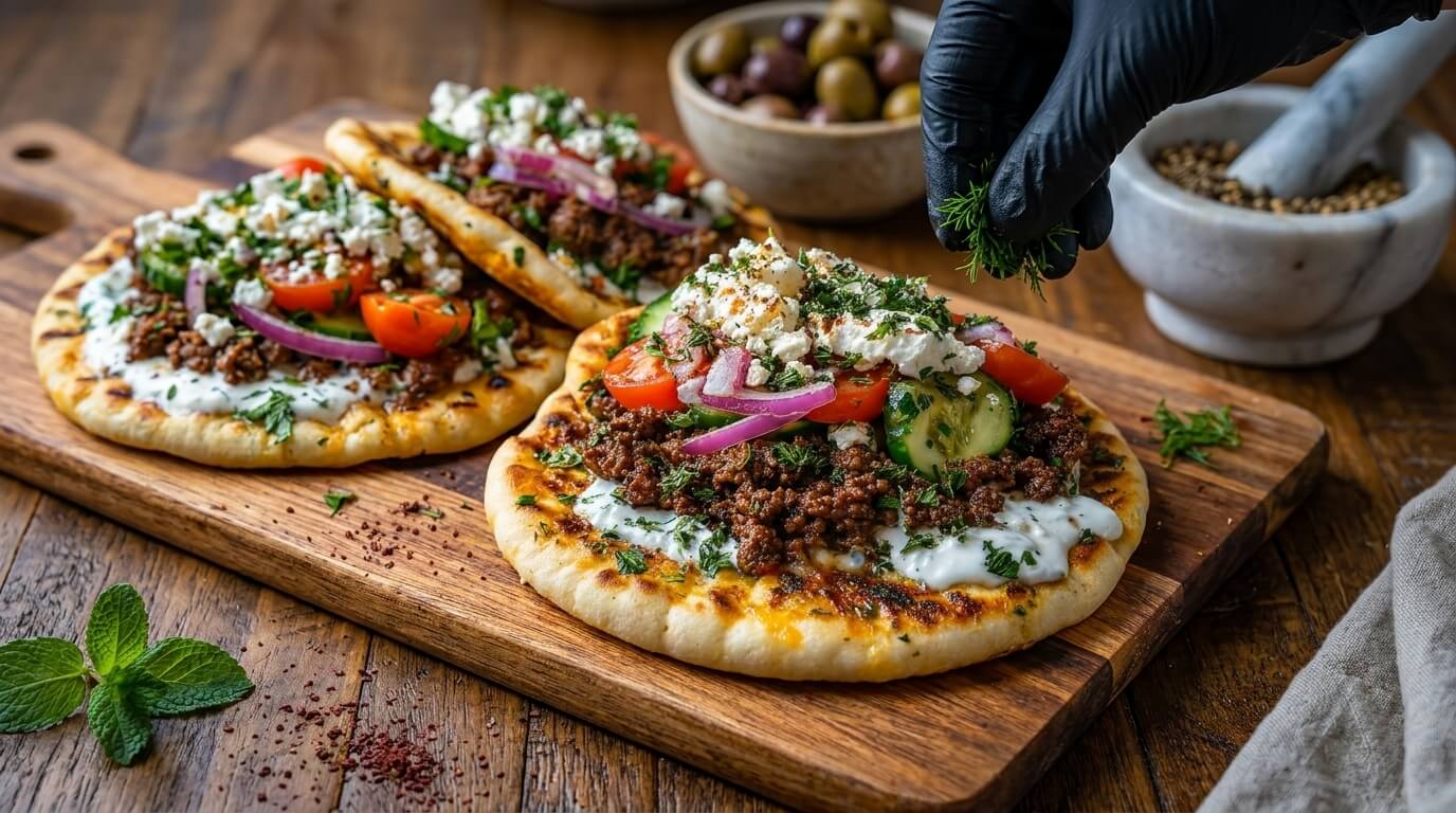 Mediterranean Beef Flatbread recipe on a wooden serving board.