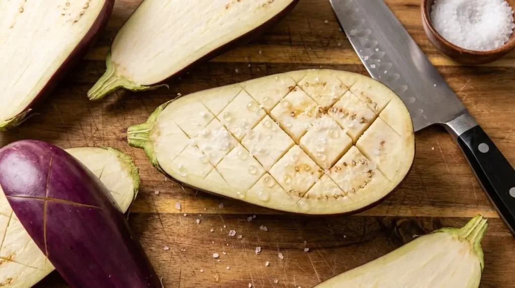 Crosshatch scoring pattern on halved raw eggplant showing moisture beads from salting.