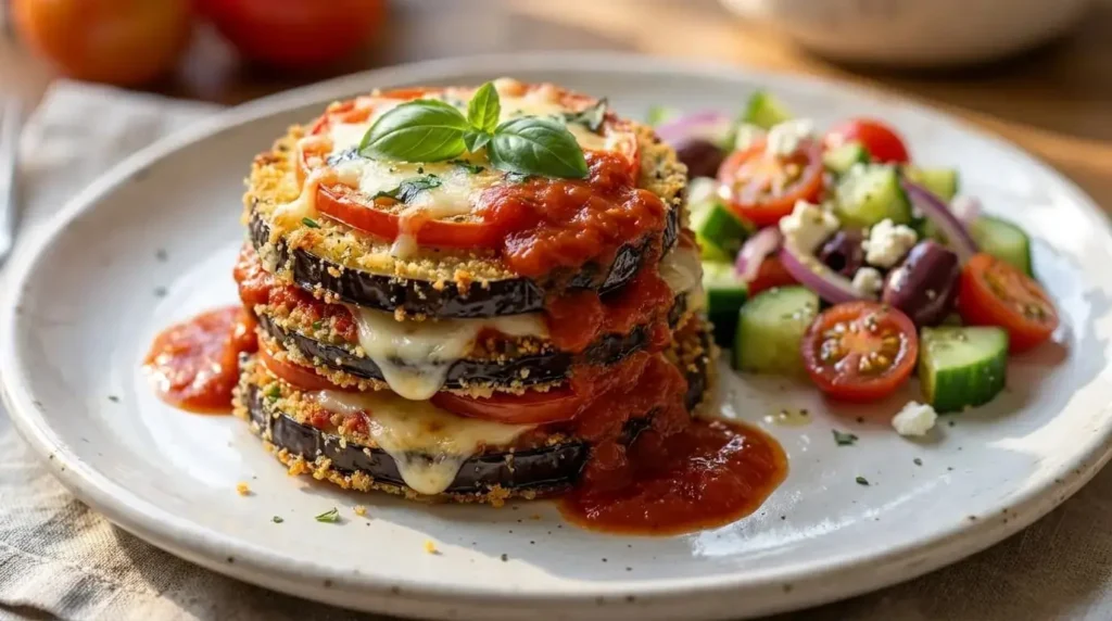 Plated individual baked eggplant parmesan stack garnished with fresh basil alongside a Mediterranean side salad.