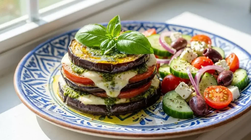 A single plated eggplant tomato parmesan stack served with fresh basil and olive oil drizzle on a ceramic plate.