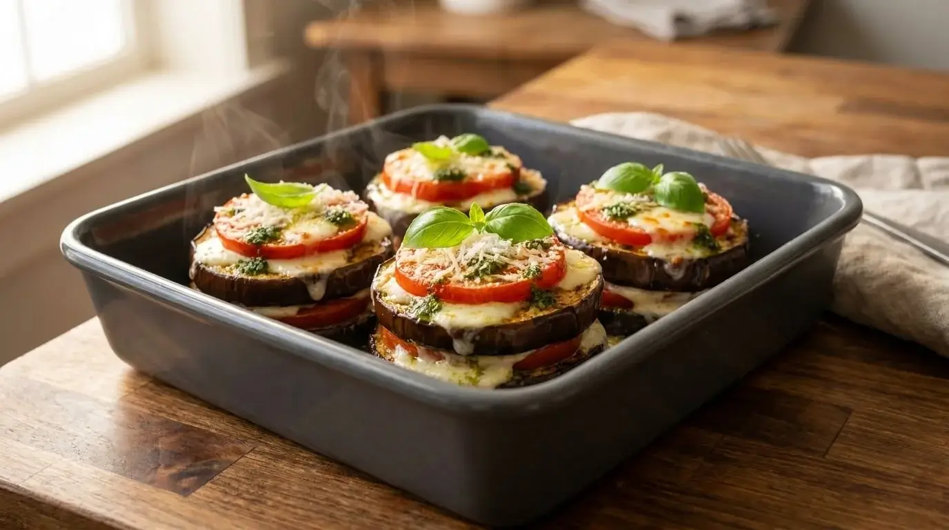 Baked eggplant tomato parmesan stacks layered with fresh mozzarella, sliced tomatoes, and basil in a square baking pan.