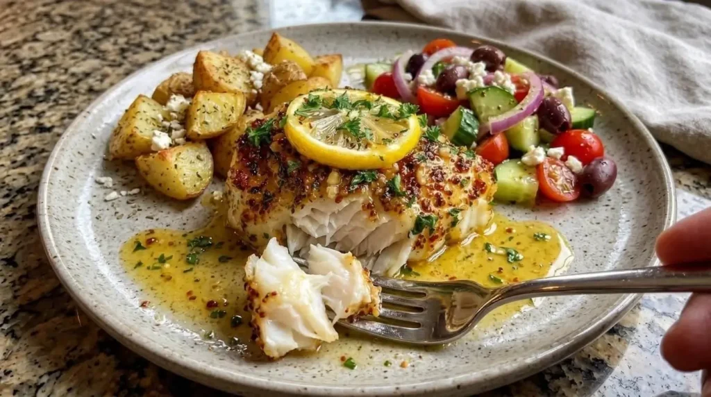 Plated garlic butter baked cod flaked with a fork, served with roasted potatoes and Greek salad.