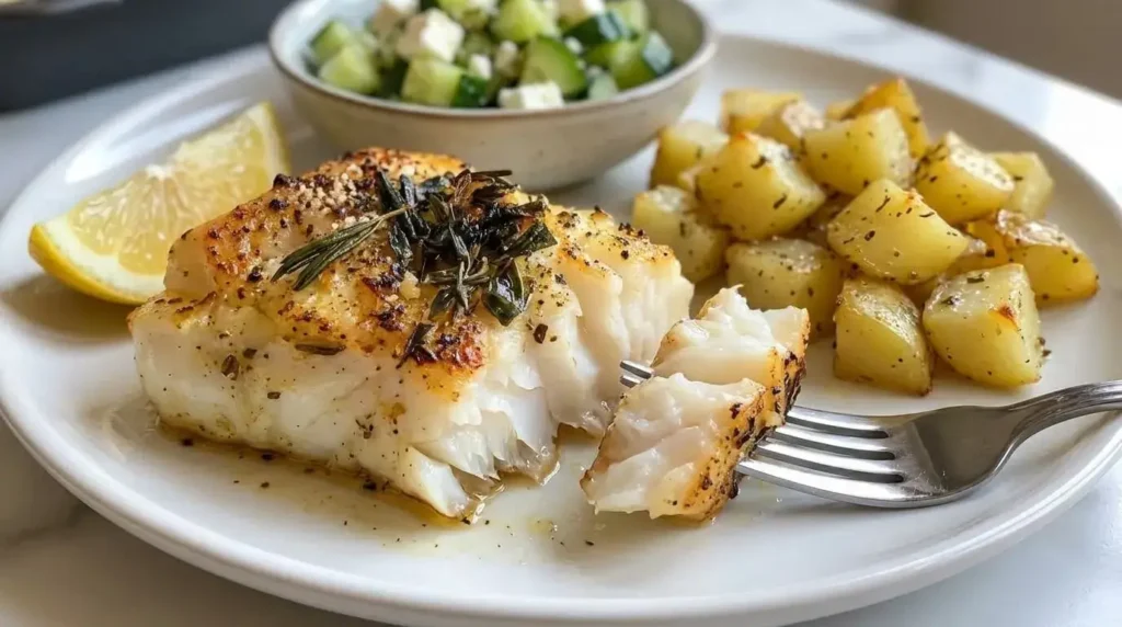 A plated portion of flaky lemon herb baked cod fillet served with golden roasted potatoes and lemon wedges.