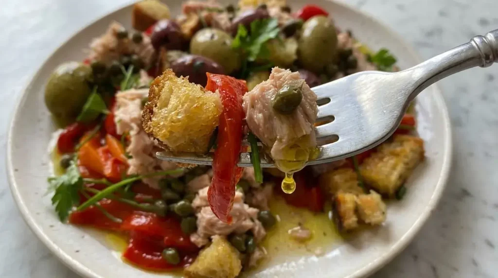 Fork lifting a bite of tuna, roasted pepper, crouton, and caper from a panzanella salad platter.