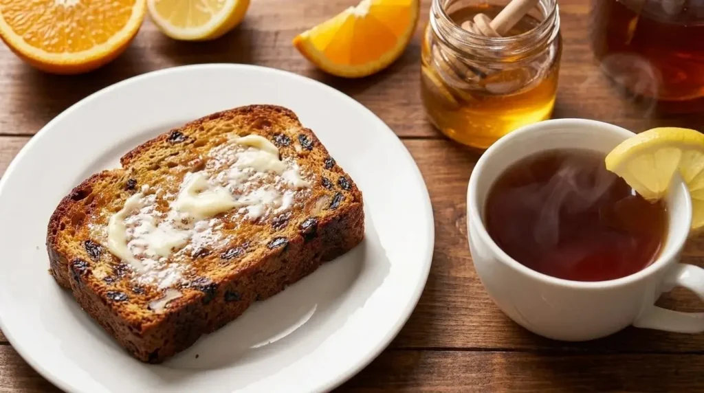 A slice of toasted tea fruit loaf topped with butter next to a cup of hot black tea.