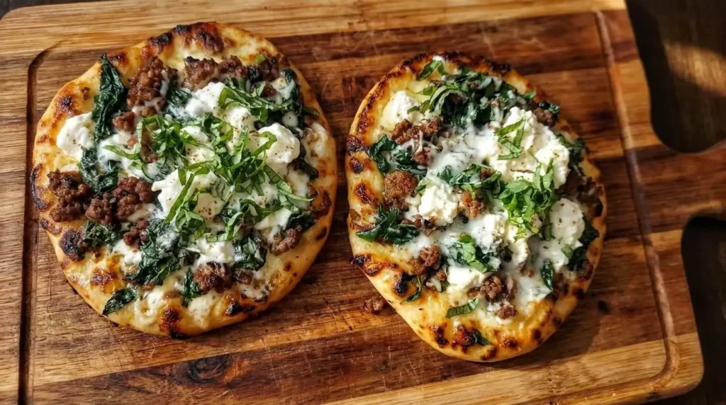 Golden brown garlic butter ground beef flatbread topped with wilted spinach ricotta and fresh basil on wooden board.