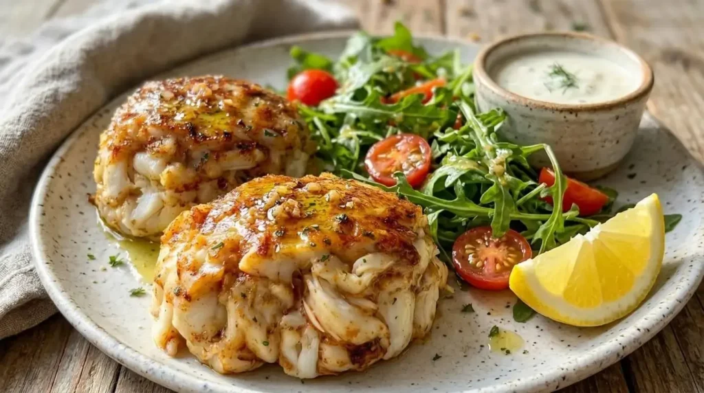 Plated garlic butter crab cake served with a lemon arugula salad and garlic yogurt dip.