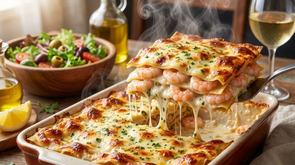 A spatula lifting a fresh slice of garlic shrimp lasagna showing gooey melted cheese and tender shrimp layers.