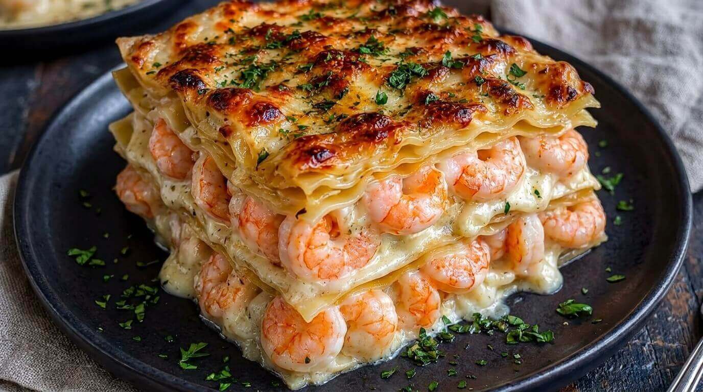 A layered slice of creamy garlic shrimp lasagna with plump pink shrimp, rich white sauce, and a blistered golden cheese crust.