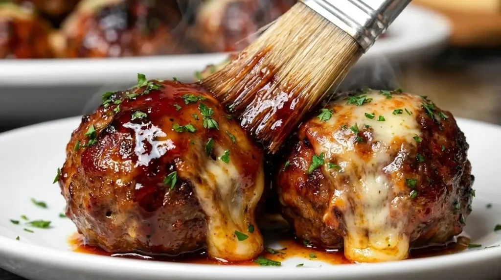 Pastry brush applying glossy balsamic honey glaze onto melted mozzarella topped meatballs.