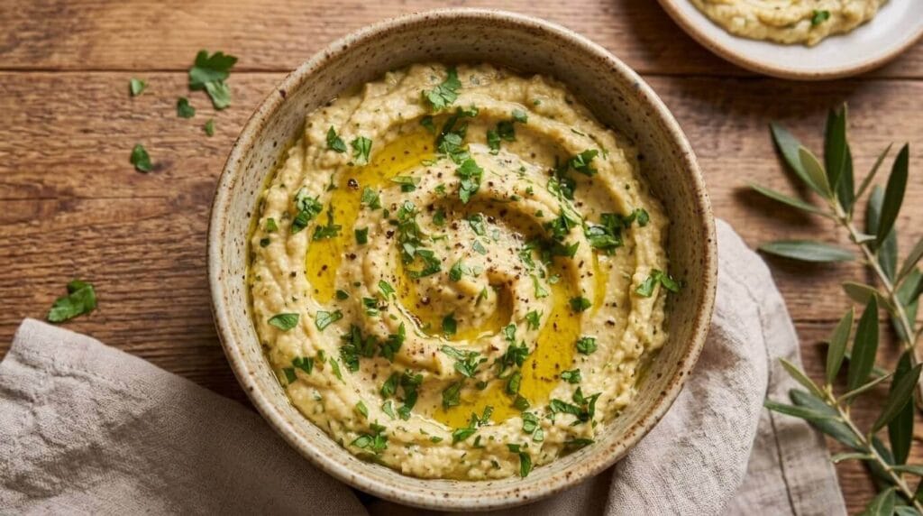 Authentic Greek Melitzanosalata whipped eggplant dip in a stoneware bowl garnished with olive oil, cracked pepper, and fresh parsley.