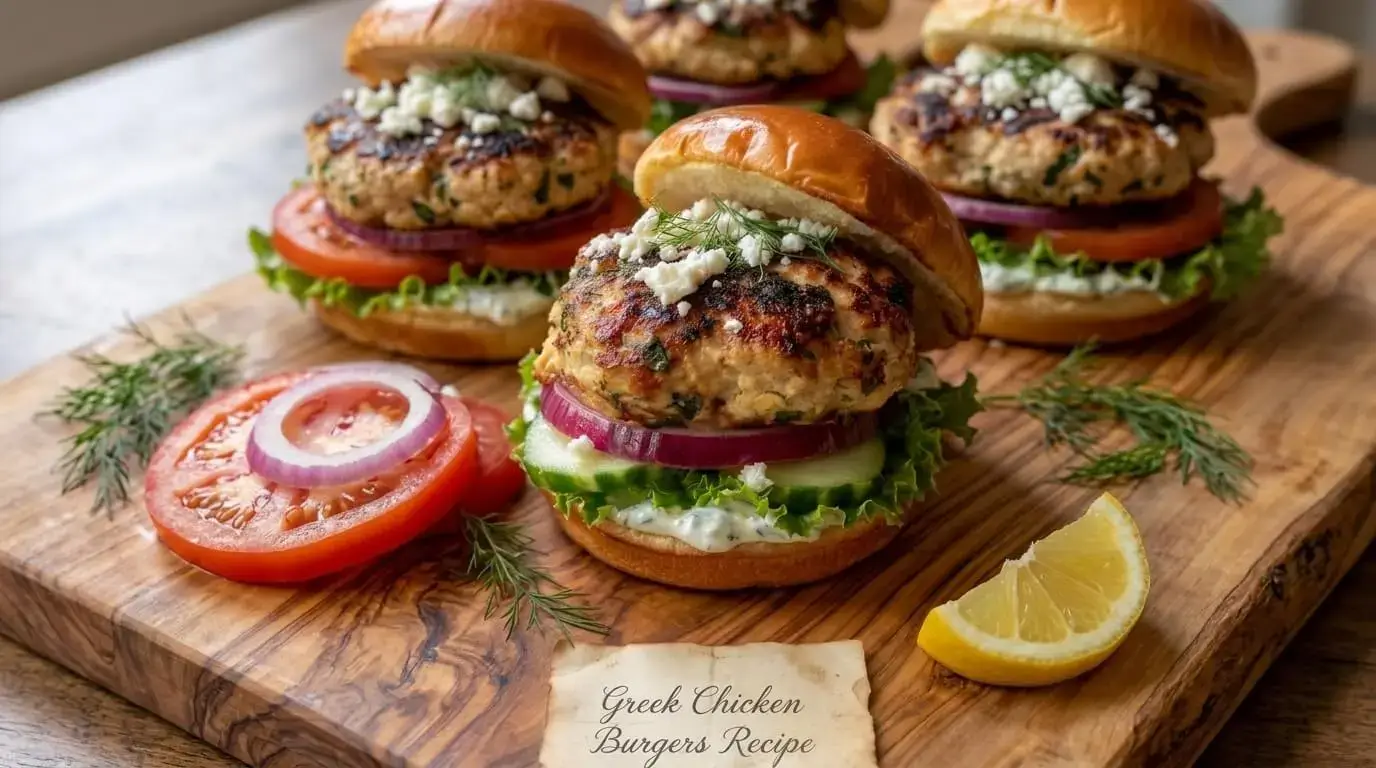 Juicy Greek chicken burgers with feta cheese, tzatziki, lettuce, cucumber, tomato, and dill on toasted brioche buns.