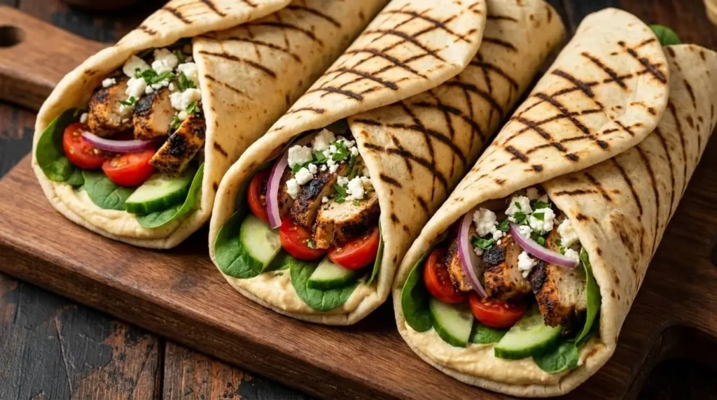 Greek chicken wrap with hummus, charred chicken breast, fresh cucumbers, cherry tomatoes, and crumbled feta in warm pita.