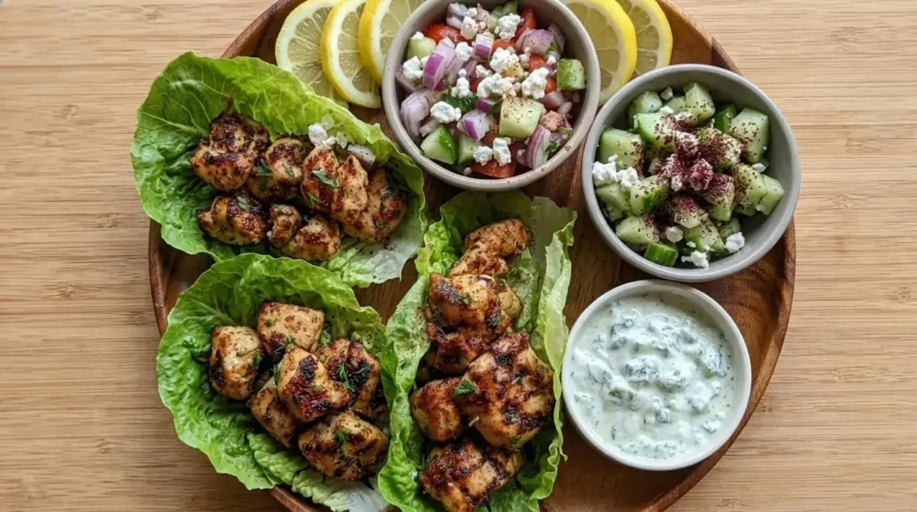 Platter of Greek grilled chicken lettuce wraps filled with charred souvlaki chicken, tomato feta salad, cucumber salad, and creamy tzatziki sauce with lemon slices.