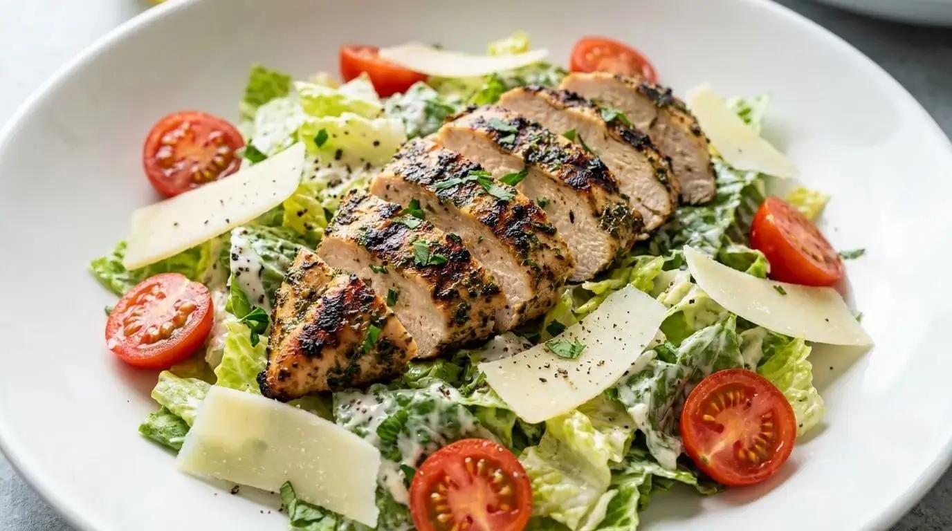 Healthy Grilled Chicken Salad with Romaine & Cherry Tomatoes tossed in creamy Greek yogurt dressing.