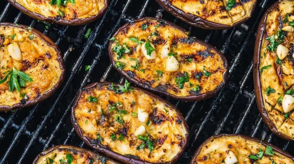 Freshly grilled garlic herb eggplant halves with charred diamond scoring and fresh parsley on grill grates.