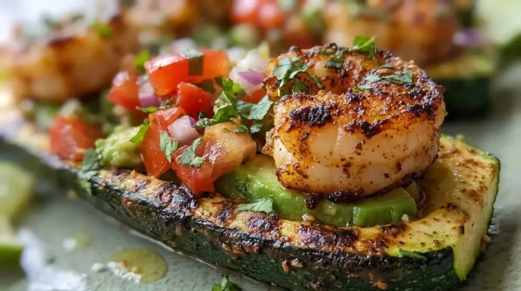 Extreme close-up of a grilled zucchini boat topped with blackened shrimp and fresh salsa.