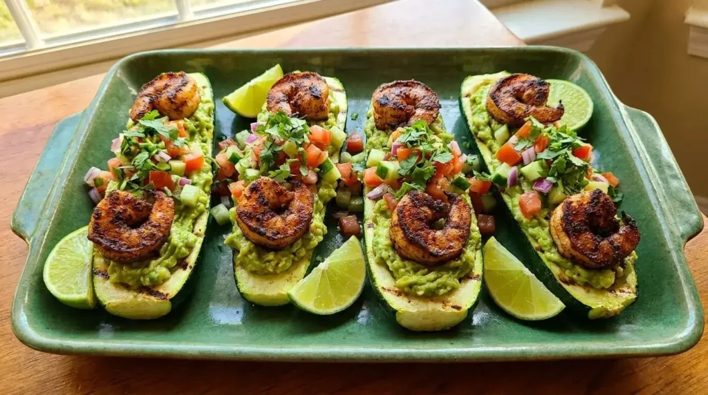 Platter of low-carb grilled zucchini boats loaded with mashed avocado, fresh salsa, and blackened shrimp.