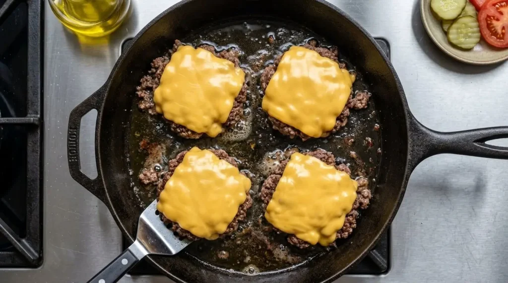 Seasoned ground beef mounds topped with melted cheese in a cast iron skillet for low carb burger wraps.