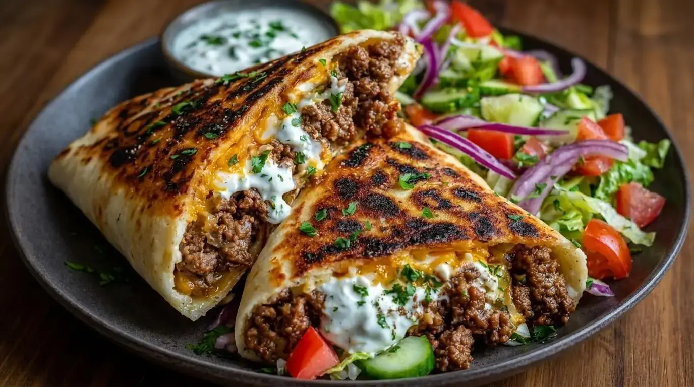 Golden pan-seared Mediterranean ground beef pita wrap cut in half showing spiced beef, feta cream, and cucumber tomato salad.