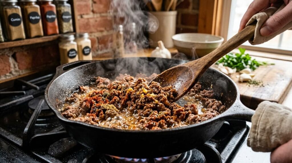 Cooking seasoned ground beef with garlic, cumin, oregano, and paprika in a skillet for Mediterranean flatbread.