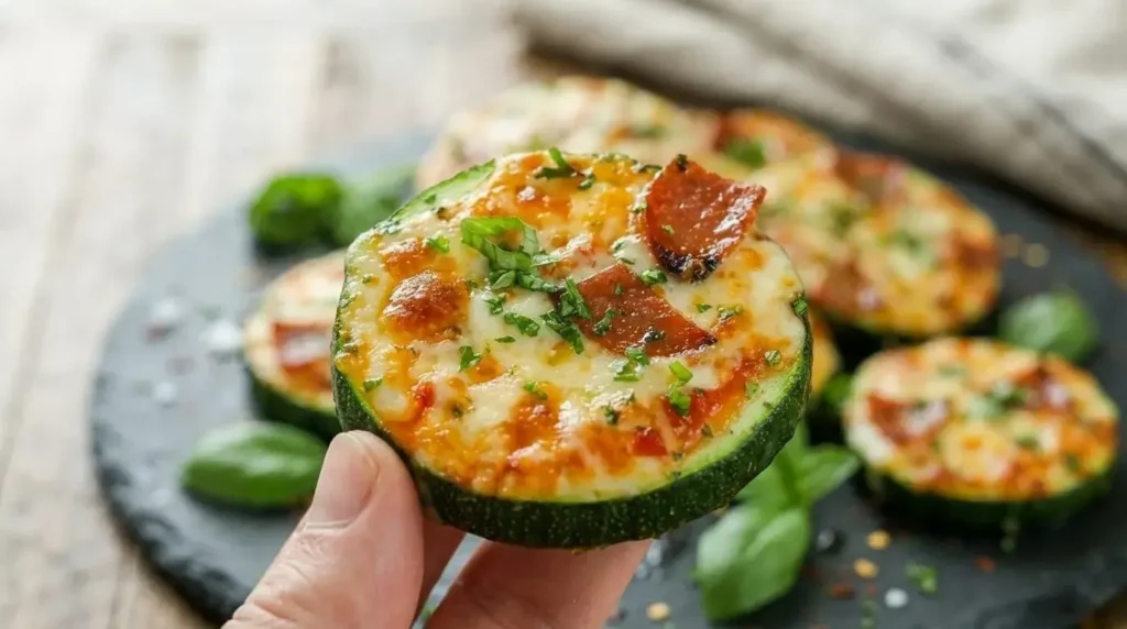 Detailed close-up of a single broiled zucchini pizza bite showing melted cheese and crisp pepperoni.