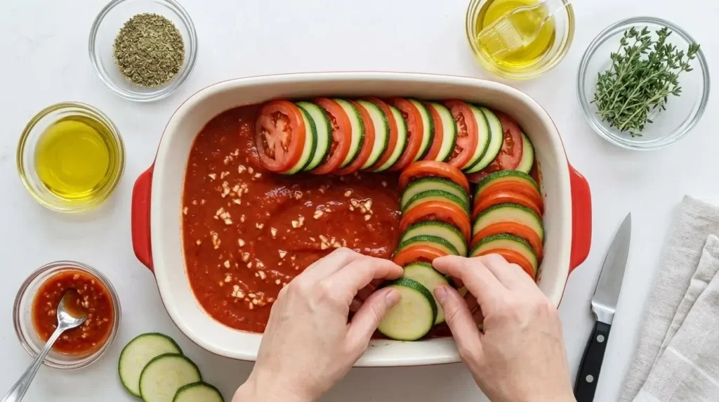 Hands arranging alternating slices of green zucchini and red tomatoes in a baking dish over tomato sauce for gratin.