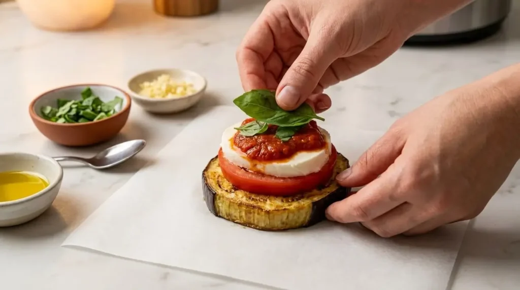 Hands layering roasted eggplant, marinara sauce, tomato slices, and fresh mozzarella cheese for eggplant stacks.